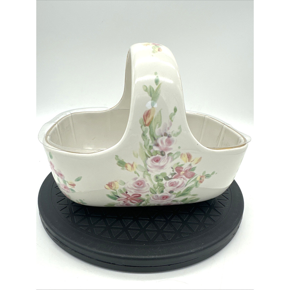 Teleflora Porcelain Basket Planter With Handle Pink Floral Design Plastic Liner